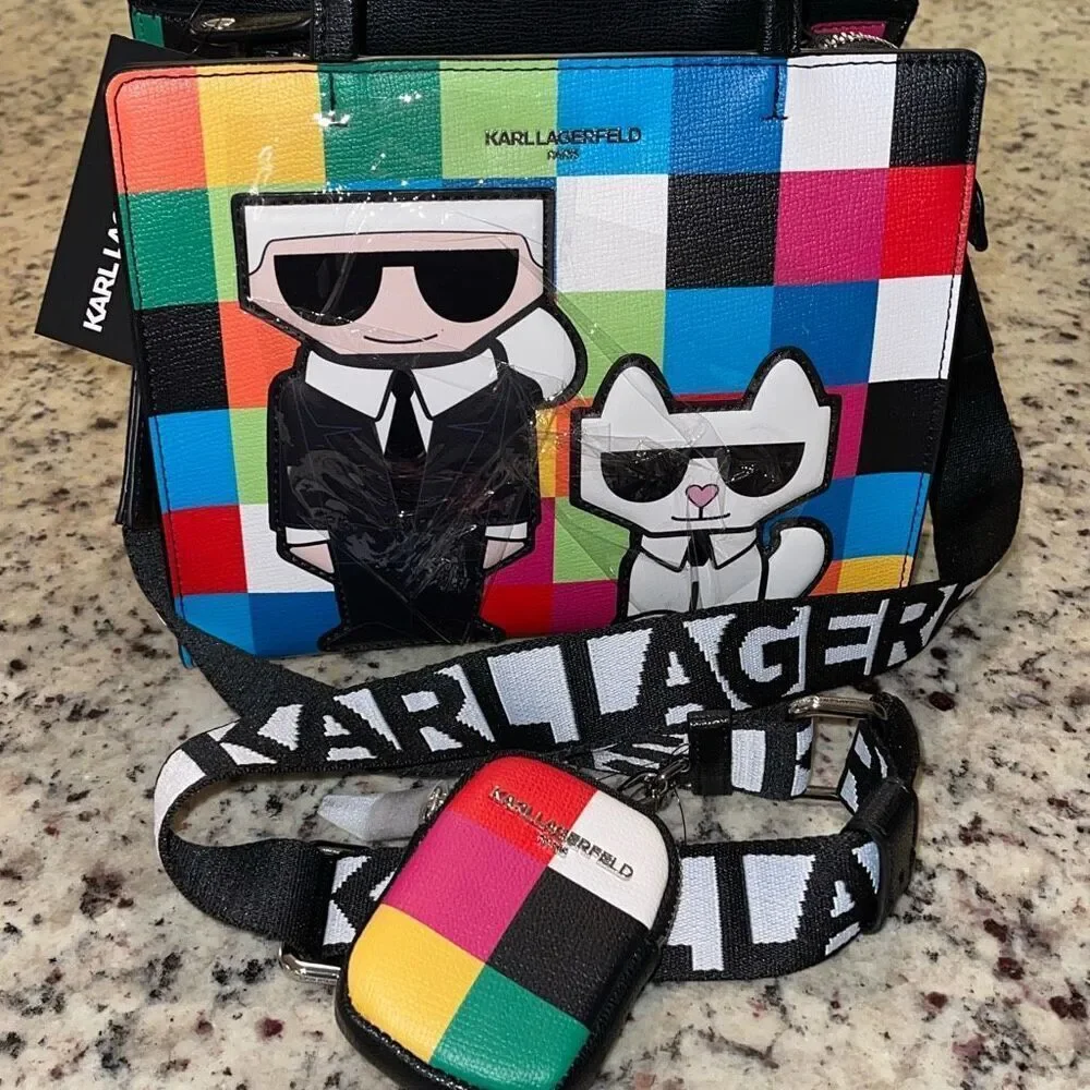 Karl Lagerfeld Womens Check Maybelle‎ Satchel Crossbody Multicombo Medium NWT